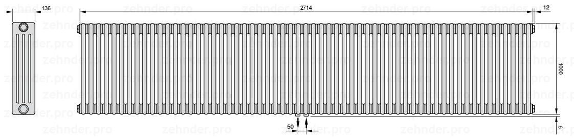 Схема (чертеж) Радиатор Zehnder Charleston 4100/59 №5410 Белый глянцевый RAL 9016